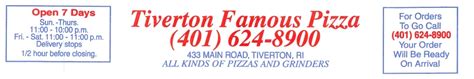 Tiverton Famous Pizza Lucky Menus