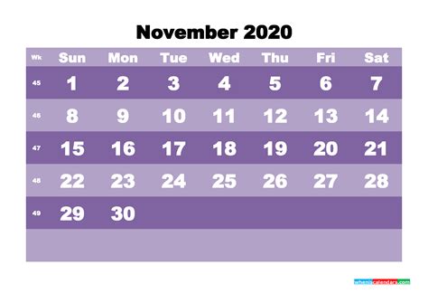 Monthly Printable Calendar 2020 November With Week Numbers
