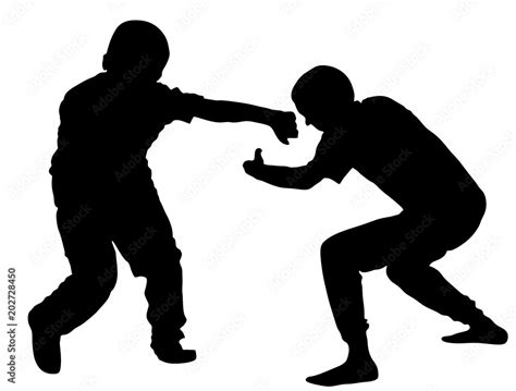 Two Boys Fighting Vector Silhouette Two Young Brothers Fight Vector