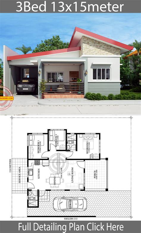 Also includes links to 50 1 bedroom, 2 bedroom, and studio apartment floor plans. Home design plan 13x15m with 3 Bedrooms - House Plans 3D