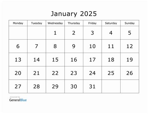 Printable January 2025 Calendar