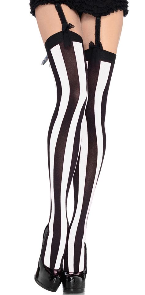 Black And White Vertical Striped Thigh Highs Pantyhose Stockings