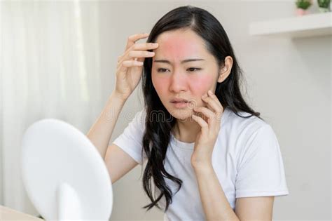 Dermatology Puberty Asian Young Woman Girl Looking Into Mirror