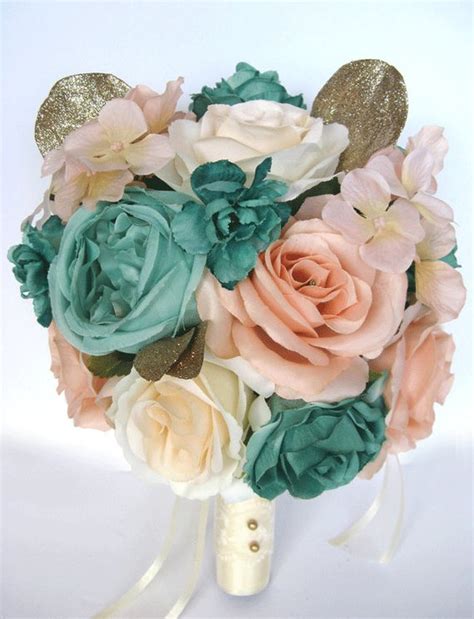 17 piece wedding bouquet package peach mint teal green gold etsy in 2022 wedding bouquet