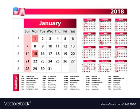 Calendar For 2018 With Noted Us Holidays On White Vector Image