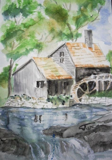 Water Mill Painting Original Watercolor 55 By 85 Inches