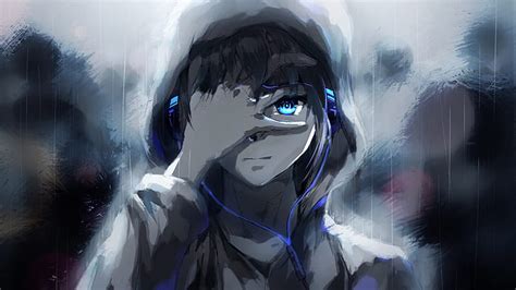 Hd Wallpaper People Rain Anime Headphones Tears Art Guy Raku