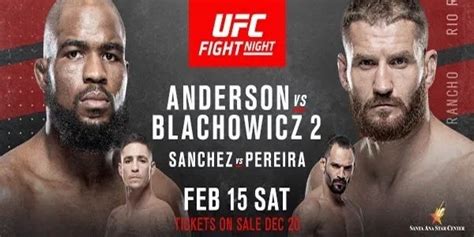 View fight card, video, results, predictions, and news. Watch UFC Fight Night 167: Anderson vs. Błachowicz 2 2/15 ...