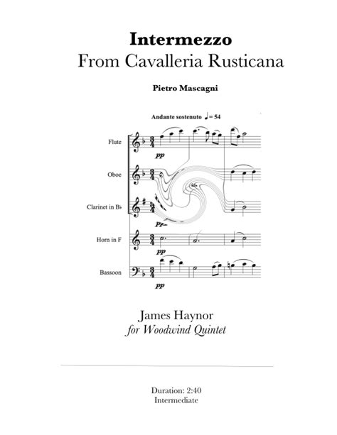 Intermezzo For Cavalleria Rusticana For Woodwind Quintet Sheet Music