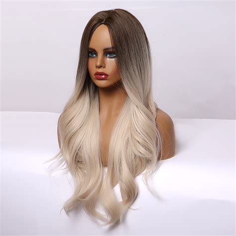 Long Wavy Dark Brown To Platinum Blonde Wig With Dark Roots Heat Resistant Synthetic Wigs Women