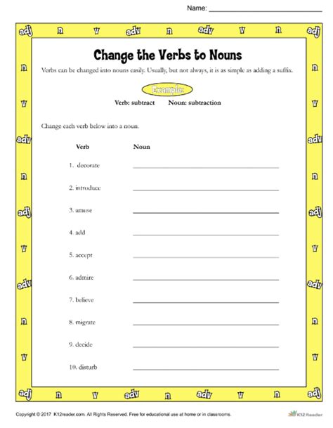 Changing Verbs To Nouns Worksheet