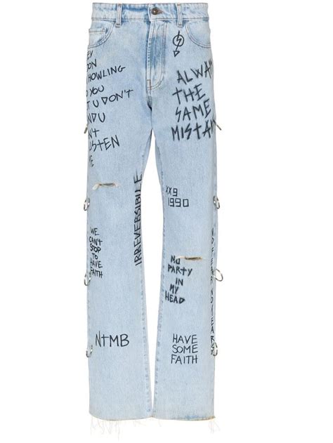 Faith Connexion Graffiti Print Loose Fit Jeans In 460 Indigo Modesens