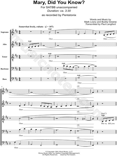 © 1991, 1993 word music, llc (a div. Print and download choral sheet music for Mary, Did You ...