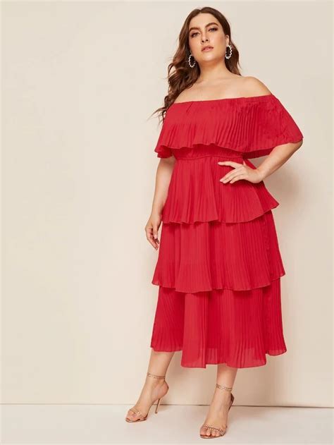 Plus Pleat Layered Ruffle Trim Bardot Dress Curvy Dress Bardot Dress