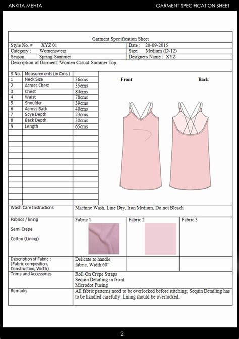 Garment Specification Sheet Fashion Design