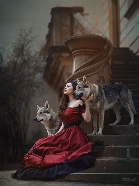 Wolf With Wild Woman In Victorian Red Dress Mystic And Fairytale
