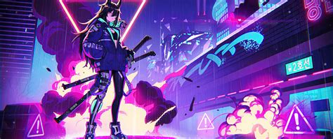 2560x1080 Neon Cyber City Cat Girl 4k 2560x1080 Resolution