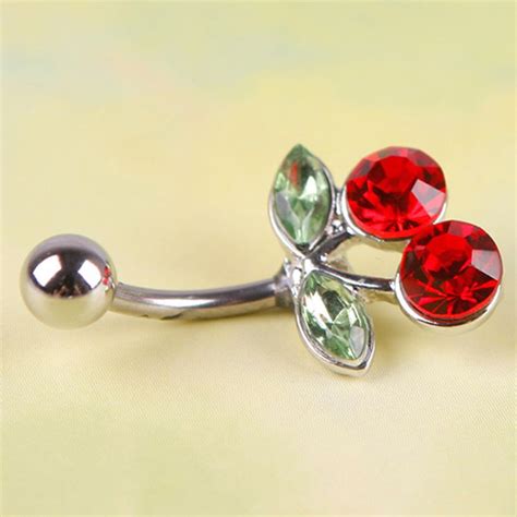 New Pretty Rhinestone Red Cherry Navel Belly Button Barbell Ring