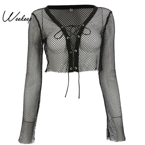weekeep women sexy black cropped mesh top hollow out long sleeve crop top streetwear patchwork