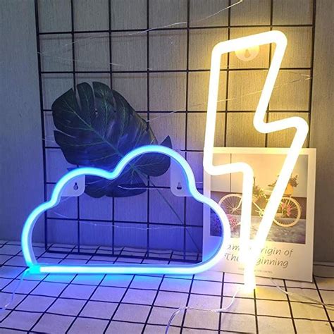 Enuoli Pink Cloud Neon Light Blue Lightning Bolt Neon Light Signs Wall Art Light Usbbattery