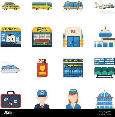Passenger Transportation Flat Icons Set Of Jet Plane Bus Taxi Subway