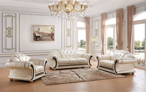 Esf Apolo Classic Living Room Set In Pearl Italian Leather