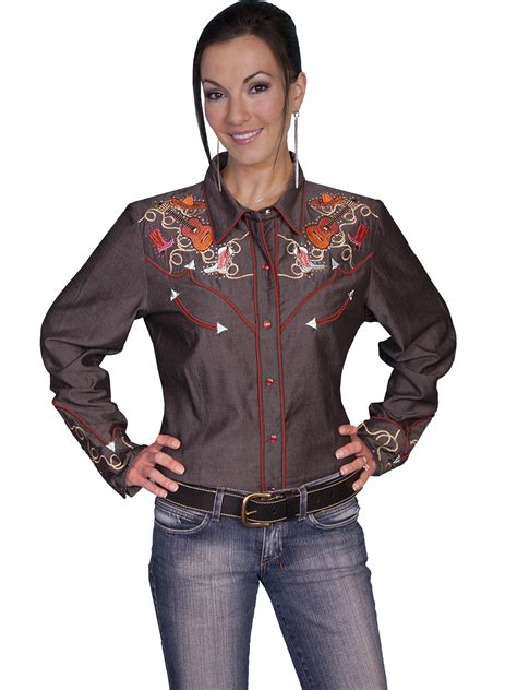 Scully® Womens Charcoal Country Western Embroidered Long Sleeve Snap