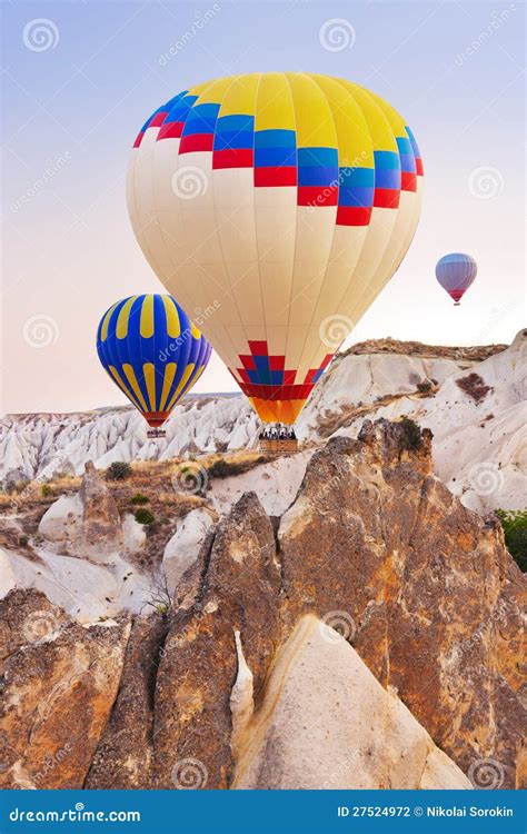 Hot Air Balloon Flying Over Cappadocia Turkey Stock Photo Image Of