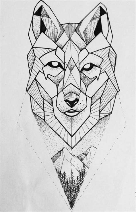 Simple Dotwork Geometric Wolf With Mountains View Tattoo Design