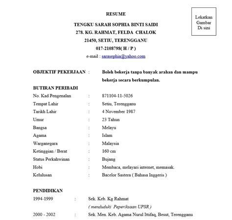 Contoh Cv Dalam Bahasa Melayu Contoh Resume Terbaik Untuk Lepasan Spm