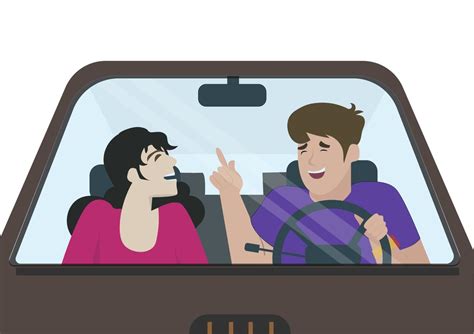 Two Happy Young People Sitting In A Car Man Driving And Woman Sitting
