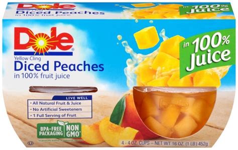 Dole Fruit Bowls Diced Peaches In 100 Fruit Juice 4 Oz 4 Cups Wf