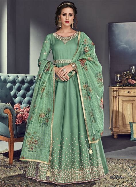 Pista Green Silk Embroidered Wedding Anarkali Suit Anarkali Dress Silk Anarkali Suits Silk Gown