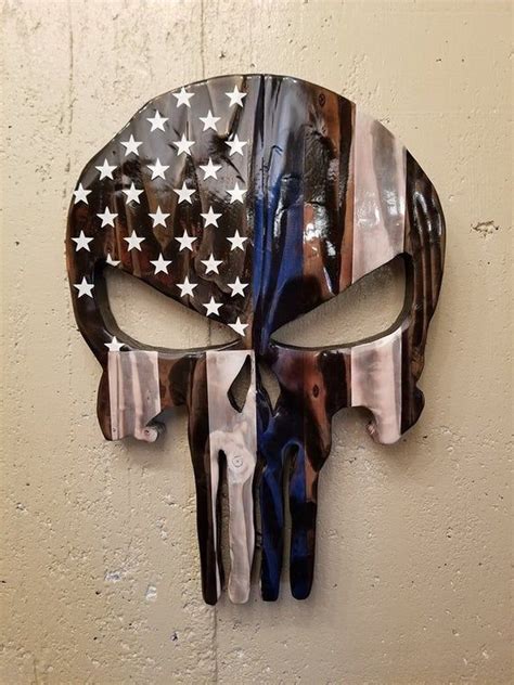 Wood Punisher Skull Painted With The Thin Blue Line The Skull Is 21in