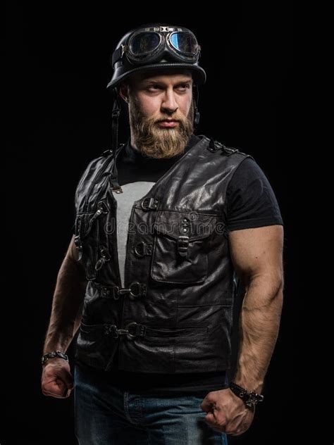 Portrait Handsome Bearded Biker Man In Leather Jacket And Helmet Stock