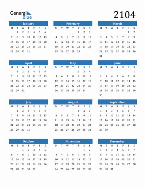 2104 Calendar With Monday Start
