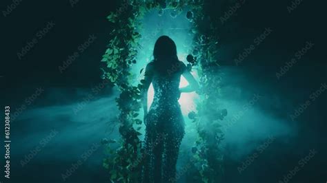dark shadow mysterious silhouette fantasy woman walking in black night garden in fog fairytale