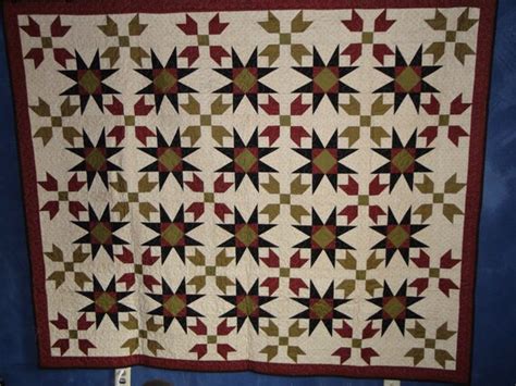 Large Homestead Star Quilt Done In Olive Green Maroon And