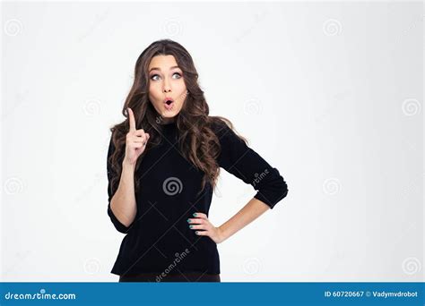 portrait of a beautiful woman pointing finger up stock image image of caucasian female 60720667