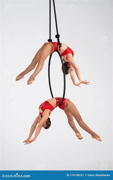 Twins Female Circus Duo On The Aerial Hoop Isolated On White Stock