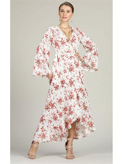 Print Floral Long Sleeve V Neck Maxi Dresses Maxi Dress With Sleeves