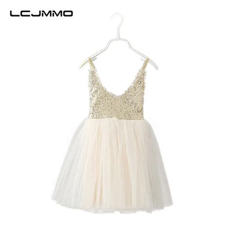 Lcjmmo Girls Dress 2017 New Summer Gold Sequined Lace Sling White Tutu
