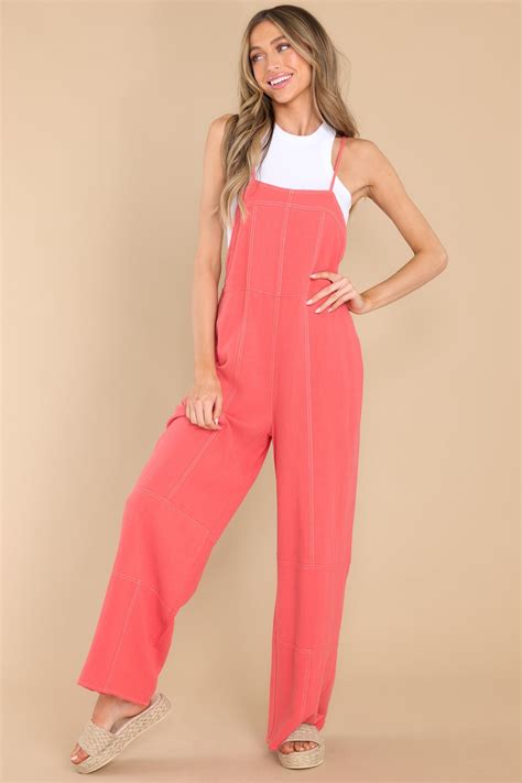 Fun Coral Sleeveless Overalls Vacation Ready Red Dress