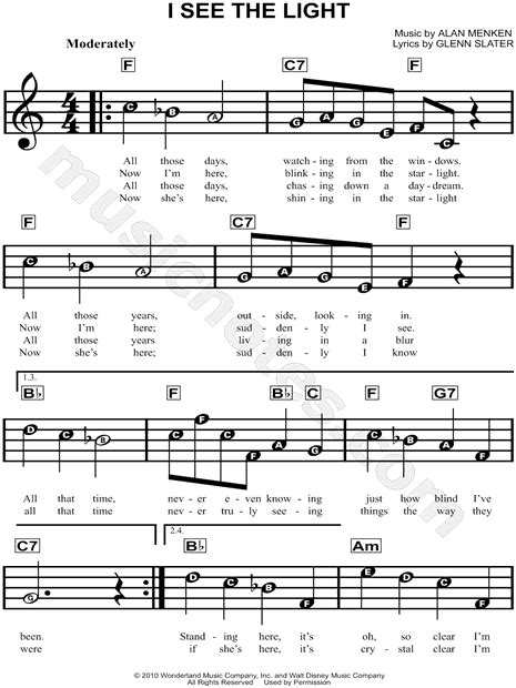 I see the light (tangled) easy piano letter notes sheet music for beginners, suitable to play on piano, keyboard, flute, guitar, cello, violin, clarinet, trumpet, saxophone, viola and any other similar instruments you need easy letters notes chords for. "I See the Light" from 'Tangled' Sheet Music for Beginners ...