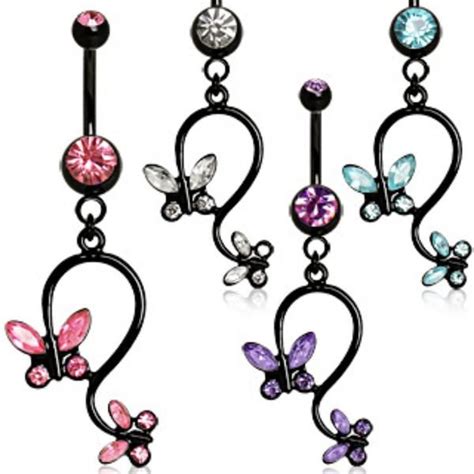 316l Surgical Steel Black Navel Ring With Pair Of Butterflies Belly Button Jewelry Navel