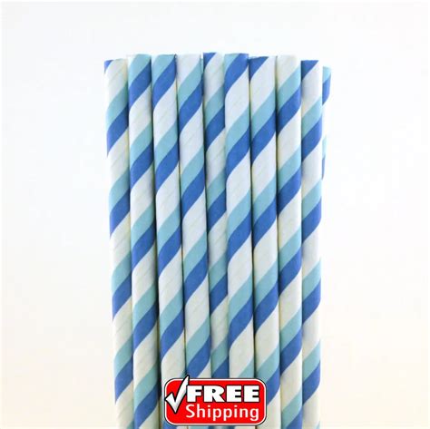 200pcs Royal Blue Light Blue Striped Paper Straws Double Stripe