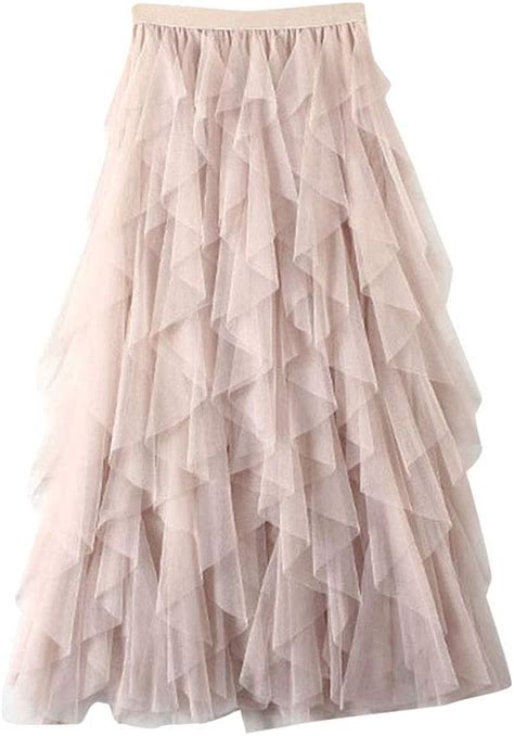 Womens Elastic Pleated Maxi Tulle Skirt Lace Swing Skirts Apricot Uk Clothing