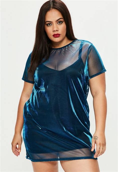Plus Size Blue Metallic Mesh T Shirt Dress Missguided