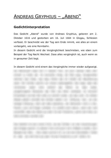 gedichtinterpretation “abend“ von andreas gryphius interpretation