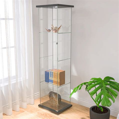 64” H Contemporary 4 Shelf Glass Display Cabinet In Clear With Door Curio Cabinet Collection